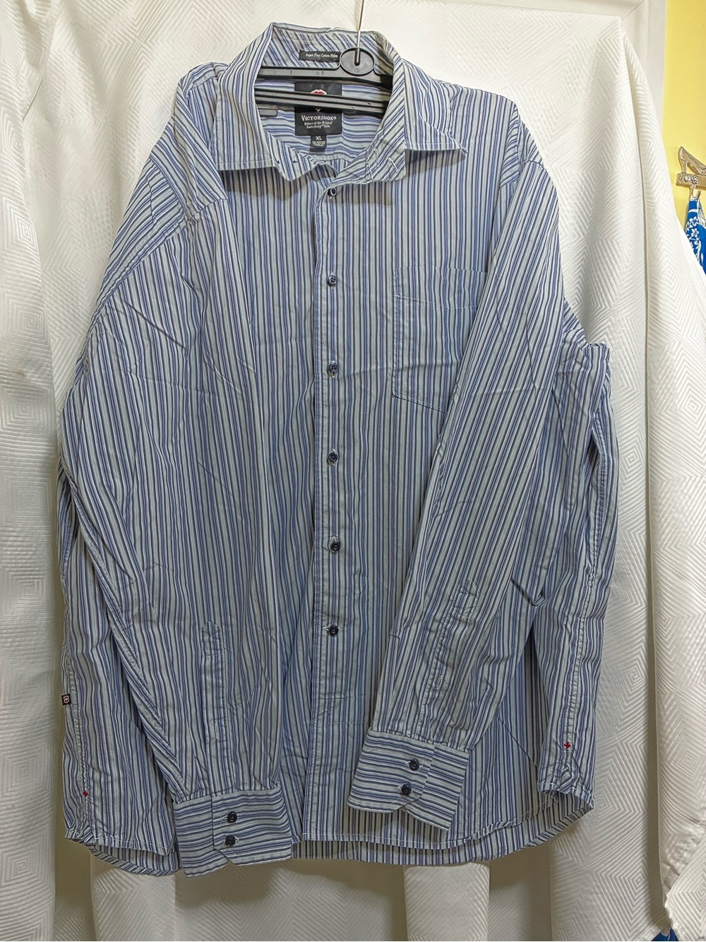 Victorinox Men's Blue and White Stripe Dress Shirt
